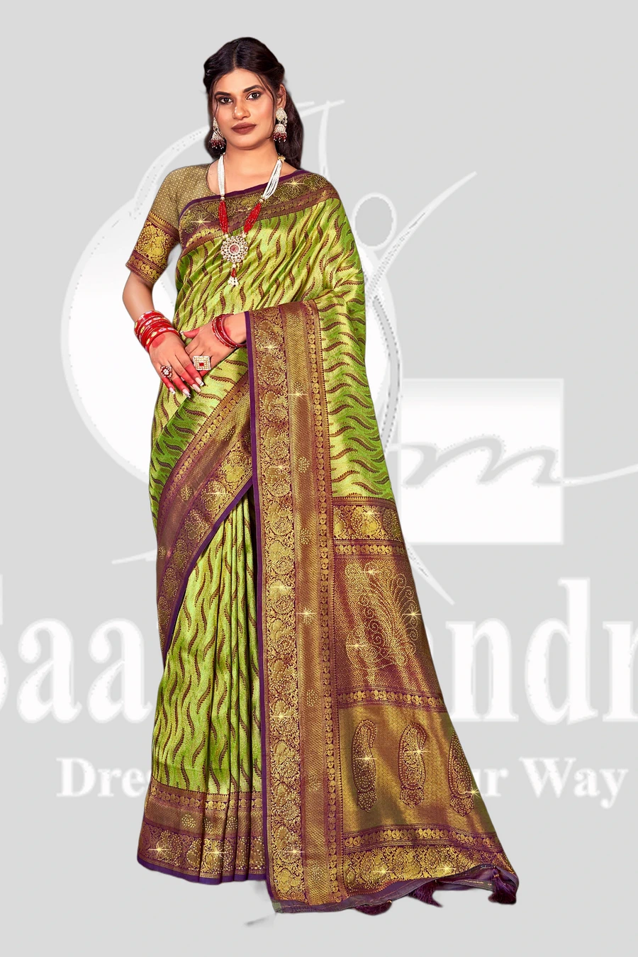 Silk - Green & Maroon Saree with Rich Zari Woven Border - Fancy Meet